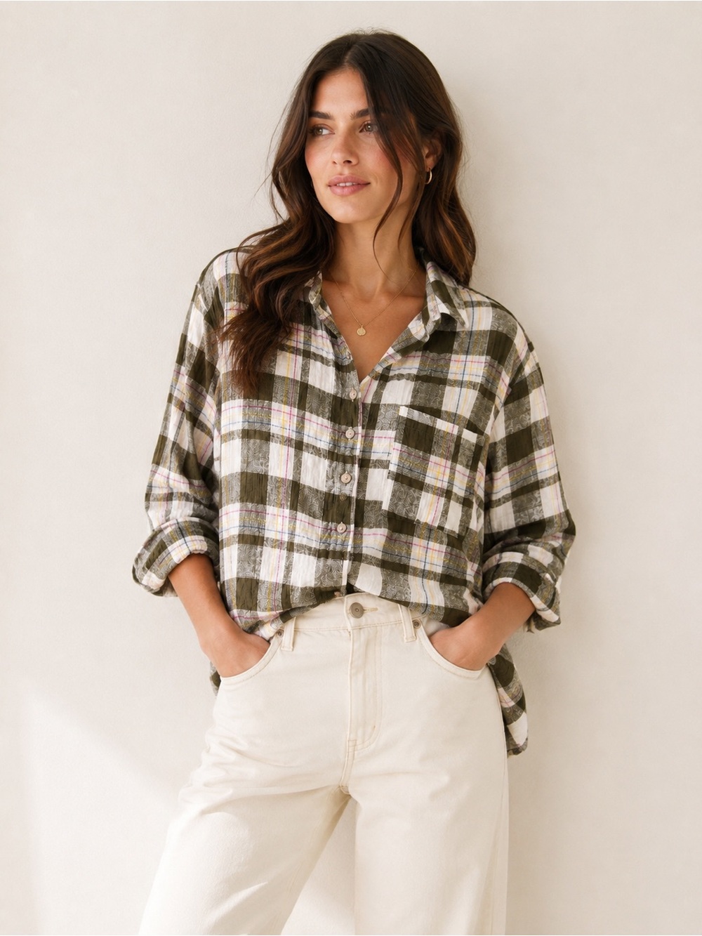Anthropologie Olive Green Plaid Button-Up Tunic